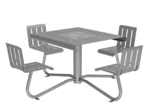 A metal outdoor table with a square top and four attached chairs, all featuring a slatted design and supported by a central pedestal base.