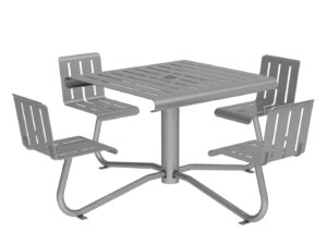 Square metal outdoor table with four attached seats, all featuring slatted surfaces and a central pedestal base.