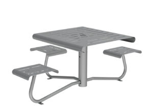 Gray metal outdoor picnic table with a square top and three attached bench seats, all featuring slotted surfaces and supported by a central post with angled legs.