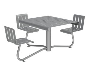 Square metal table with four attached slatted metal chairs, all in a matching silver color, featuring a modern, minimalist design.