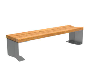 Banc moderne avec une assise en bois et des pieds en métal, photographié sur un fond blanc.