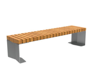 Banc moderne avec une assise en bois à lattes et deux pieds en métal gris, photographié sur un fond blanc.