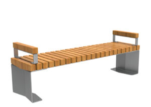 Banc moderne avec une assise en bois à lattes et des dossiers aux deux extrémités, soutenus par des pieds en métal, sur fond blanc.