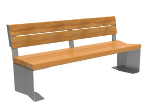 Banc moderne en bois avec dossier et assise à lattes, soutenu par de solides pieds en métal, présenté sur fond blanc.