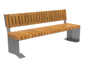 Banc moderne en lattes de bois et supports métalliques, avec dossier et accoudoirs plats, isolé sur fond blanc.