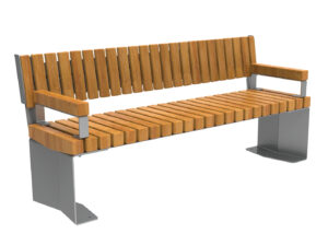 Banc d'extérieur moderne avec une structure en métal et des lattes en bois pour l'assise et le dossier, avec des accoudoirs des deux côtés.