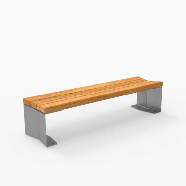 Banc moderne avec une assise en bois et des pieds en métal gris, photographié sur un fond blanc uni.