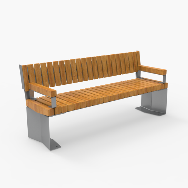 Banc en bois avec accoudoirs et pieds en métal, avec des lattes horizontales sur l'assise et le dossier, photographié sur un fond blanc uni.