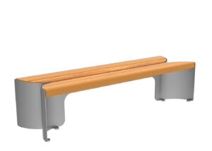 Banc moderne avec une base en métal et une assise et un dossier en bois clair, au design minimaliste.