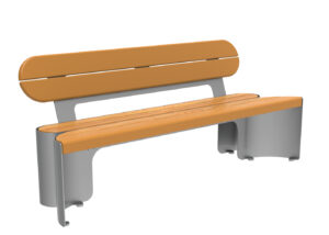 Un banc moderne avec une assise et un dossier en bois, soutenu par un cadre métallique argenté incurvé des deux côtés, isolé sur un fond blanc.