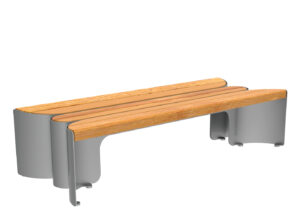 Banc moderne doté d'une structure métallique incurvée et de trois lattes de bois parallèles pour l'assise et le dossier, sur un fond blanc uni.