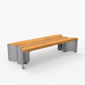 A modern bench with three wooden slats for seating and a curved gray metal base, set against a plain white background.