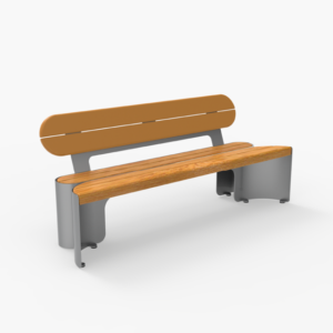A modern bench with a wooden seat and backrest, supported by a sleek gray metal frame, set against a plain white background.