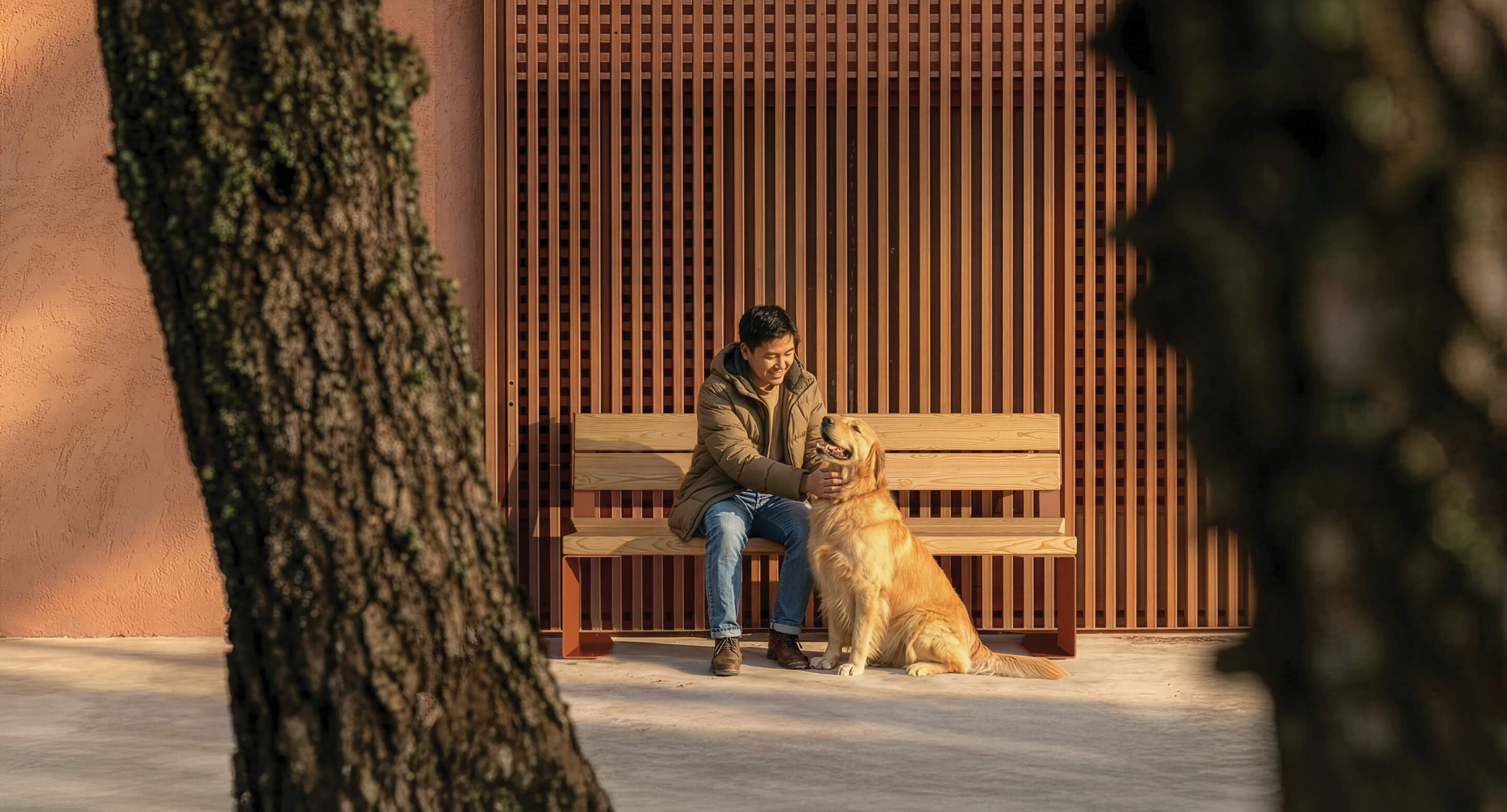 Un homme est assis sur un banc en bois à côté d'un golden retriever, touchant doucement le visage du chien, avec des arbres au premier plan et un mur en lattes derrière eux - une scène accueillante qui mérite d'être récompensée par un prix A+.