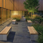 Modern courtyard with stone flooring, wooden benches, tall grasses, and a tree, adjacent to a building with large glass windows lit from inside.