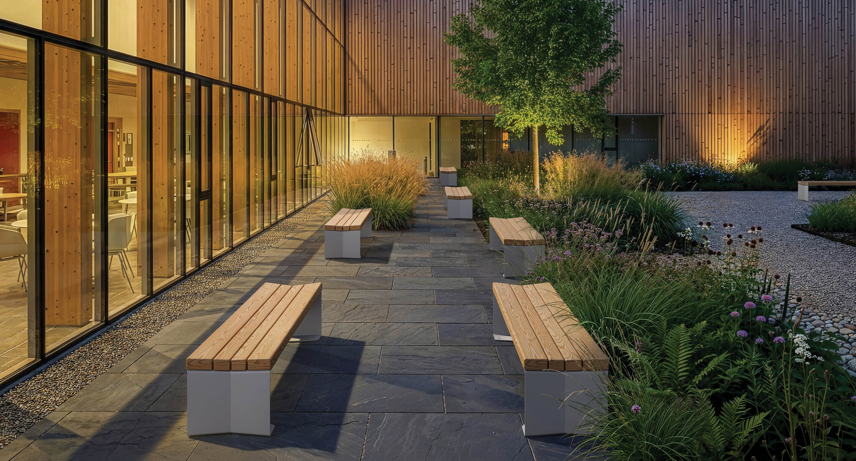 maglin_blox-backless-benches_01 Modern courtyard with stone flooring, wooden benches, tall grasses, and a tree, adjacent to a building with large glass windows lit from inside.