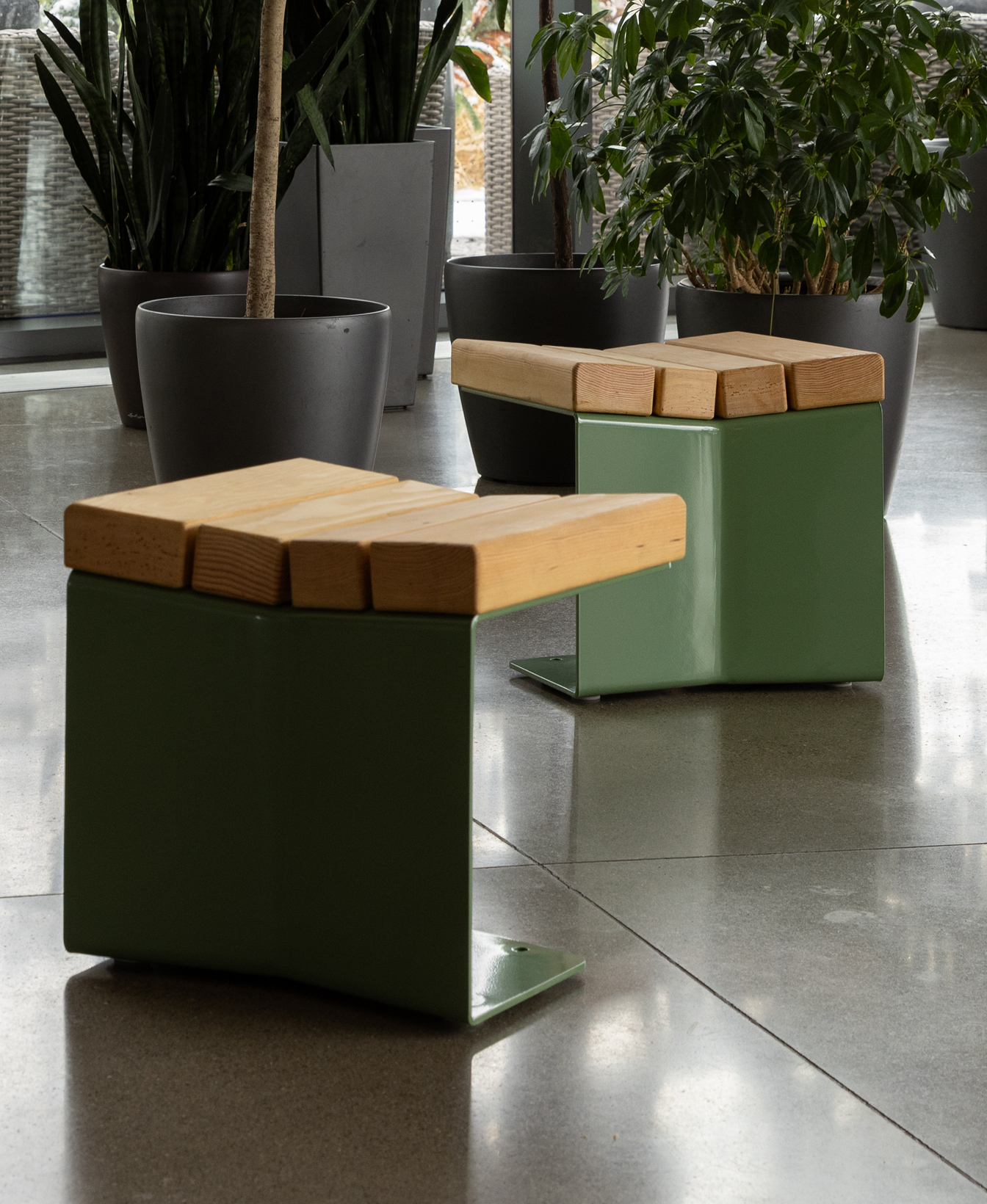 Deux bancs modernes avec des bases en métal vert et des sièges en bois sont placés sur un sol d'intérieur poli près de grandes plantes en pot.
