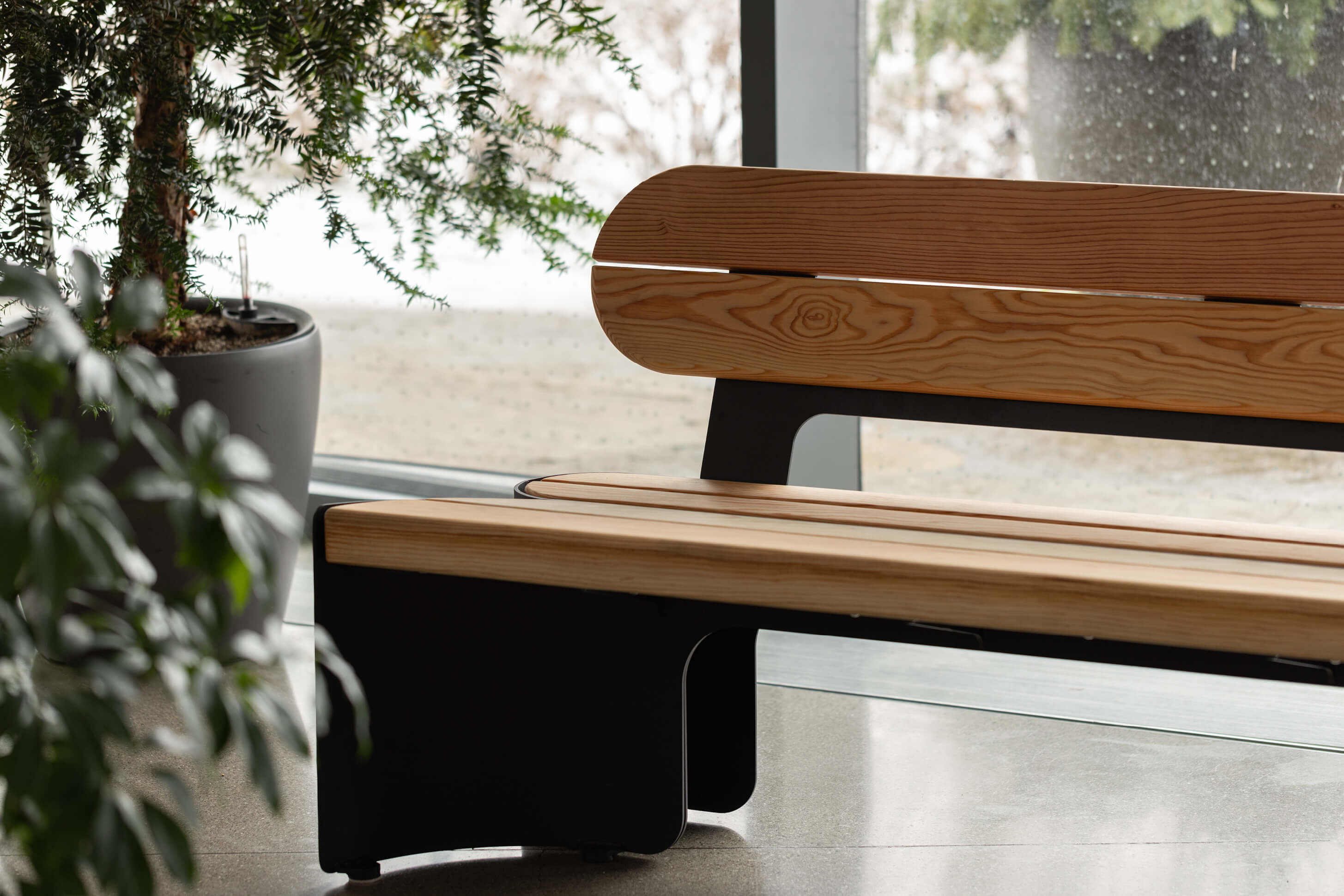 Banc en bois avec des supports noirs placé près de grandes fenêtres et d'une plante en pot, la lumière naturelle éclairant l'espace intérieur.
