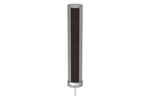 A cylindrical electronic device with a dark wood-patterned center panel and silver-colored ends, featuring a protruding pin at the bottom.