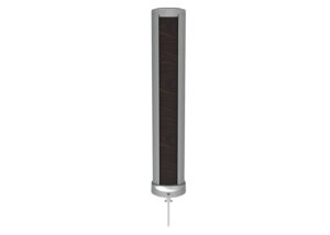 Tall, cylindrical electronic device with a silver base and top, a dark vertical panel in the center, and a cord extending from the bottom.