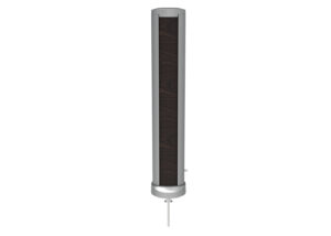 Tall cylindrical electronic device with a dark wood-like central panel, silver-colored top and base, and a visible white power cord extending from the bottom.