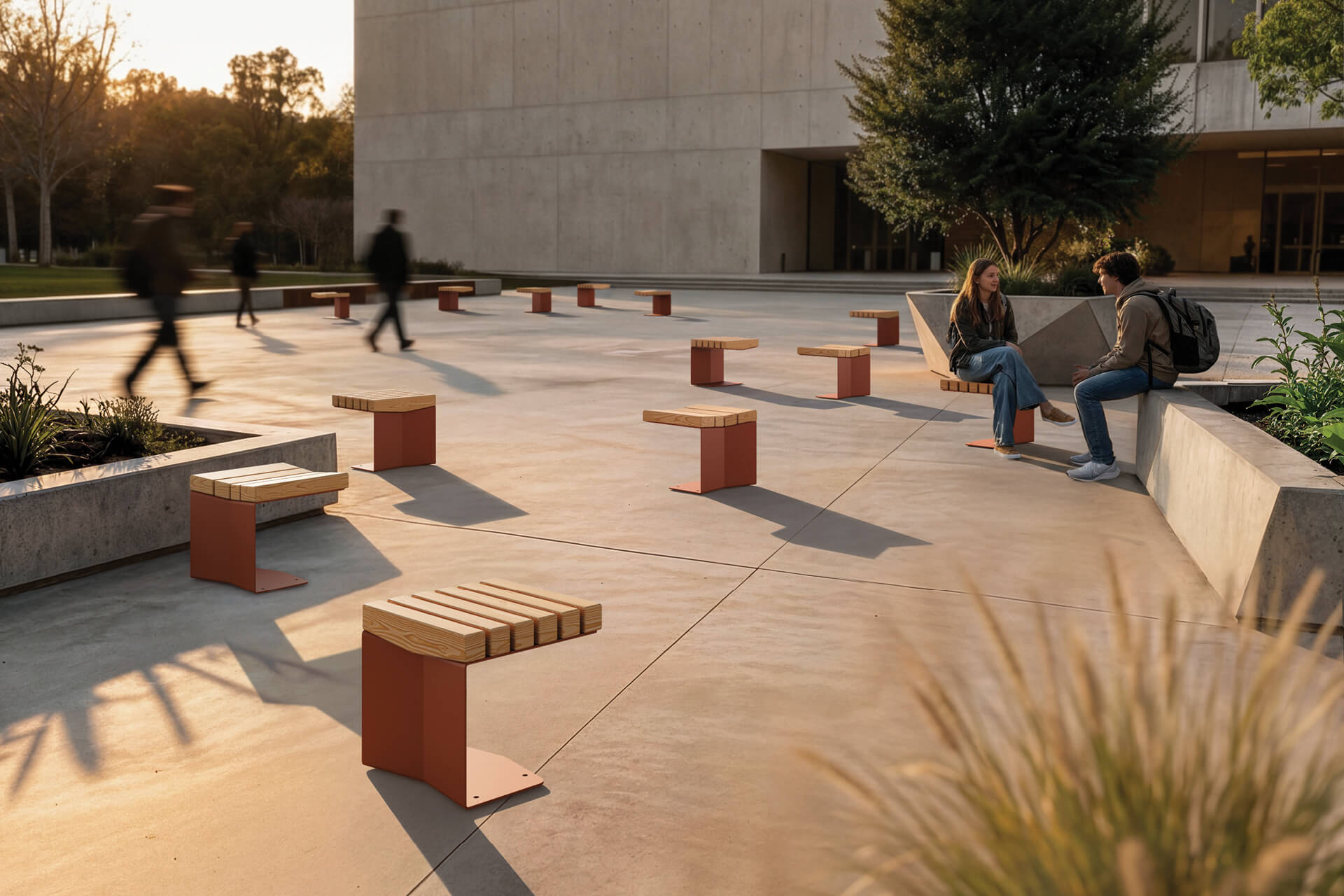 A modern outdoor plaza with scattered Maglin site furniture Blox, a few people walking, and two people sitting and talking near a concrete building at sunset.