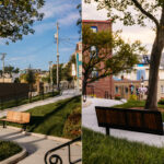 Two views of a paved pathway with benches, trees, and grass in an urban park near the National War Memorial in Newfoundland; buildings and flags are visible in the background under a partly cloudy sky.