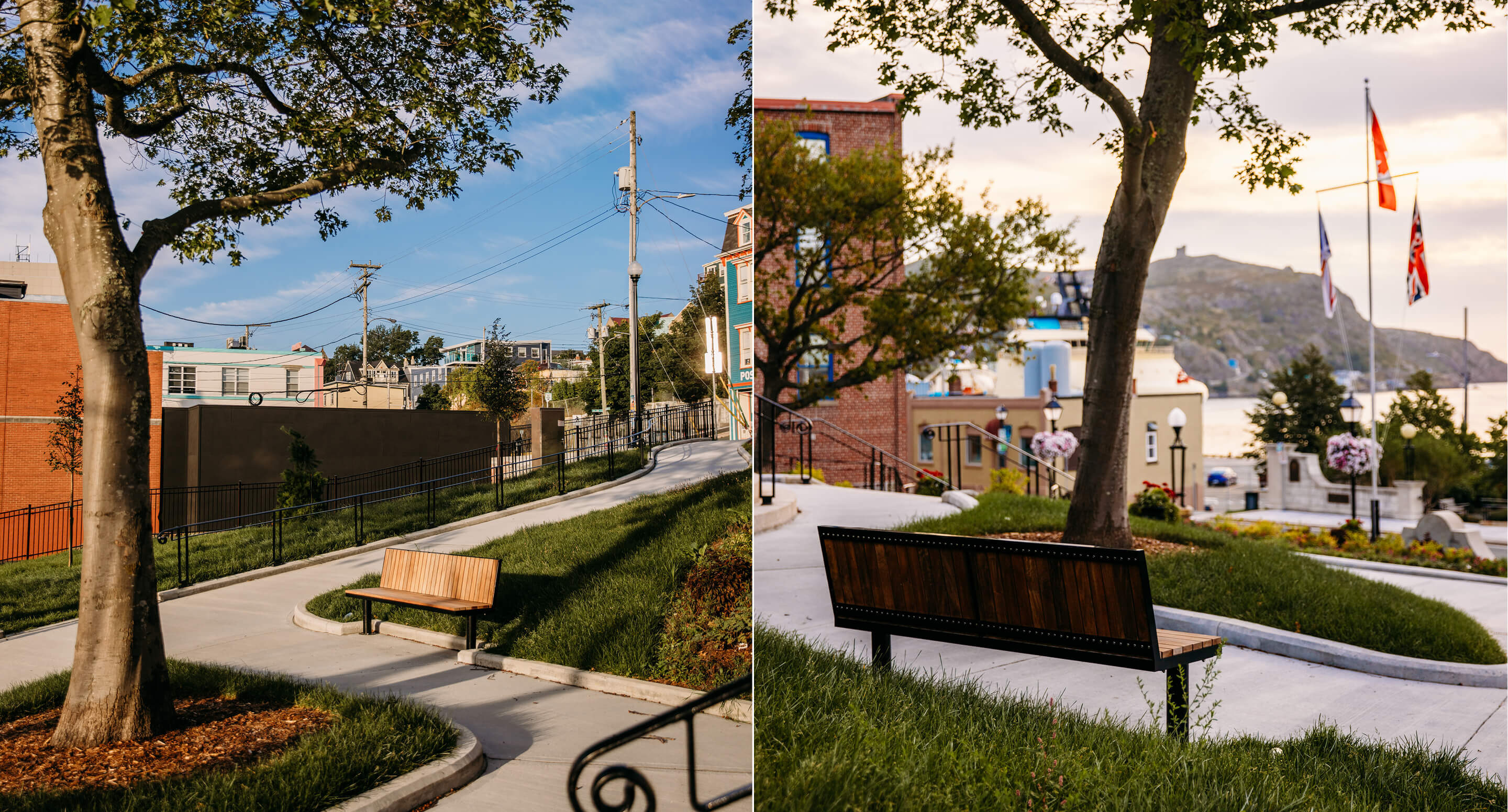 Two views of a paved pathway with benches, trees, and grass in an urban park near the National War Memorial in Newfoundland; buildings and flags are visible in the background under a partly cloudy sky.