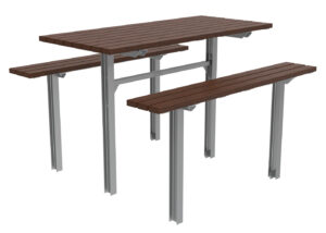 A rectangular outdoor picnic table with attached benches, featuring a metal frame and wooden slats for the seating and tabletop.
