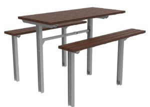 A wooden picnic table with attached benches and metal legs, shown against a white background.