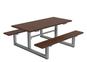 A rectangular outdoor picnic table with two attached benches, featuring brown wooden slats and a silver metal frame.