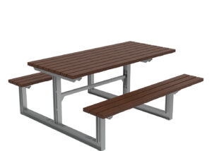 A rectangular outdoor picnic table with attached benches, featuring a metal frame and wooden slats for the tabletop and seats.