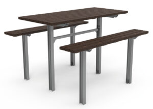 Rectangular table with two attached benches, featuring dark wooden slats and a silver metal frame, set against a white background.