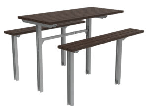 A rectangular outdoor table with matching benches, featuring dark wooden slats and metal legs and frame, shown on a white background.