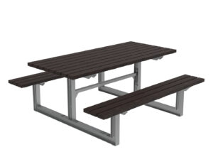 Rectangular picnic table with two attached benches, featuring dark wooden slats for the tabletop and seats, and a metal frame base.