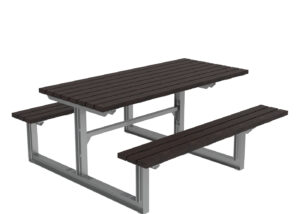Rectangular picnic table with two attached benches, featuring dark wooden slats and a metal frame, against a plain white background.