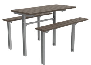 A rectangular outdoor picnic table with two attached benches, featuring HDPE brown slats and metal legs.