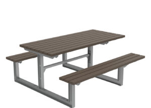 A rectangular picnic table with attached benches, made of HDPE brown slats and supported by a gray metal frame.