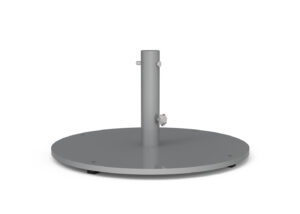 A round, gray metal umbrella base with a central vertical pole and adjustment knobs, shown on a white background.