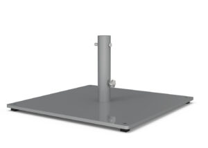 A square metal base plate with a vertical cylindrical pole in the center, featuring bolts and holes at the corners for securing.