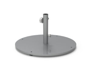 A round, gray metal umbrella base with a vertical pole and adjustment knobs for securing an umbrella.