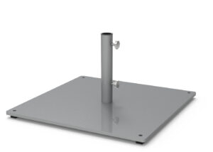 A gray metal square base with a vertical cylindrical pole in the center, featuring two adjustable clamps and four small feet at the corners.