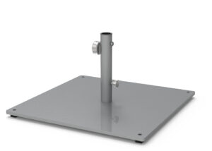 A metal umbrella base with a square flat plate and a vertical pole in the center, designed to hold an umbrella upright.
