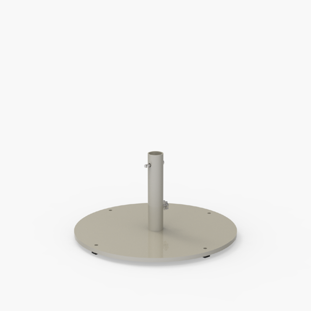 Titanium metal ROMA umbrella base with a round flat plate and a vertical tube for holding the umbrella pole; set against a white background.