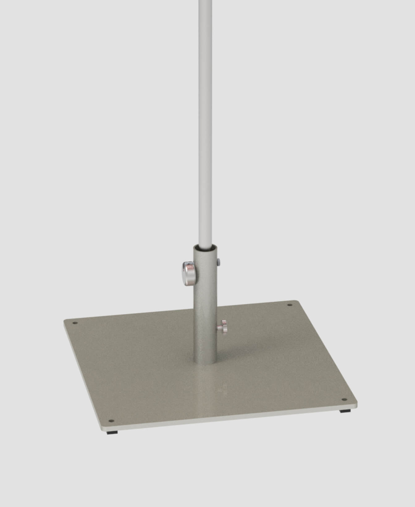 A metal pole is attached vertically to the center of a square ROMA metal base plate with screws and adjustment knobs.