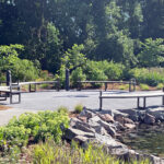 Curved Ogden Benches are situated on a paved area by a pond, surrounded by greenery and trees in the landscaped Shoreview Commons park in Shoreview, Minnesota.
