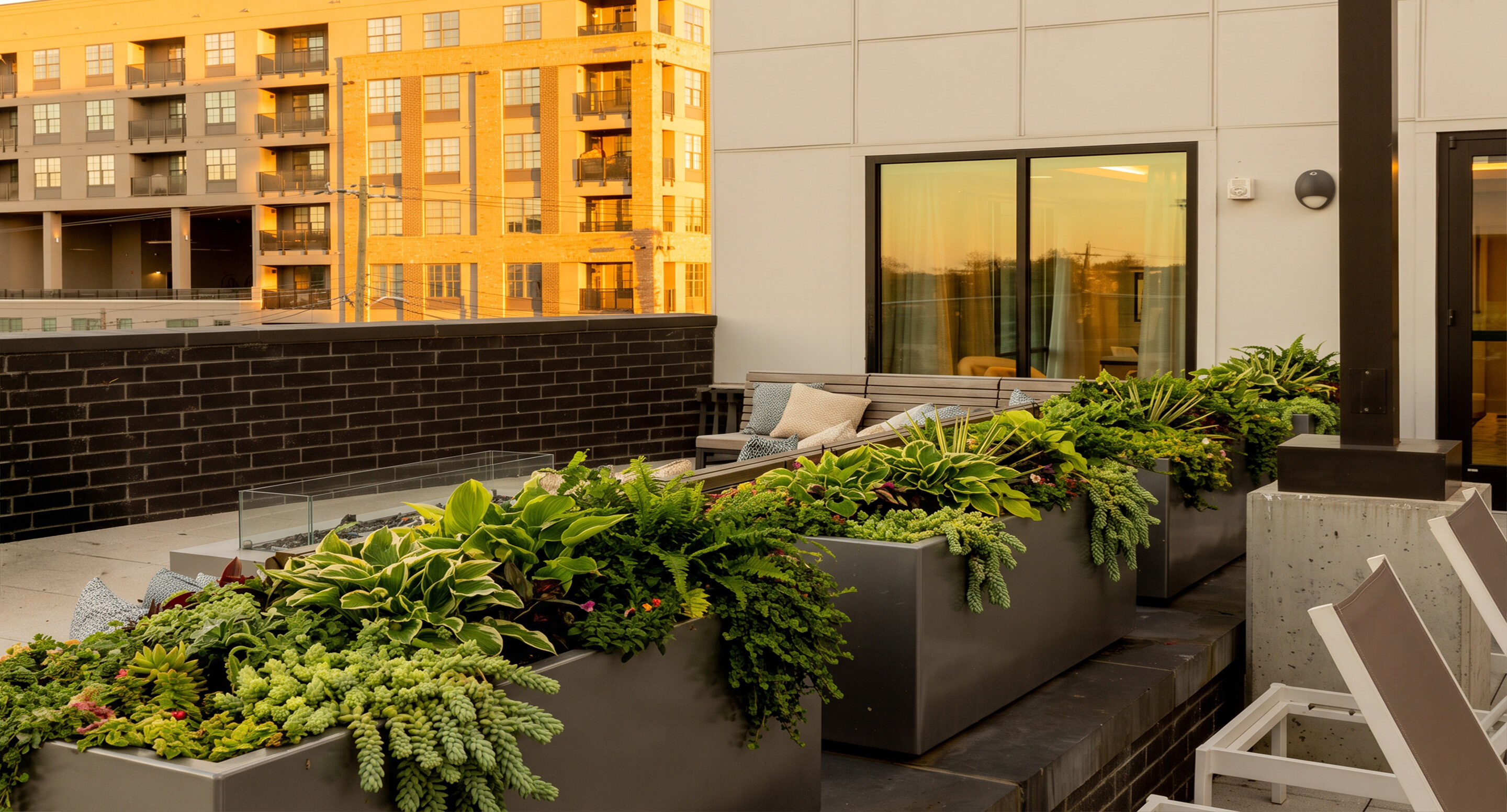 1500-series-planters-link-mint-st Modern rooftop patio at Link Apartments on Mint Street, Charlotte NC, featuring large planters filled with green plants, outdoor seating, a glass fire pit, and nearby apartment buildings reflecting golden sunlight.