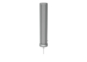 A vertical cylindrical metal object with a flat top, mounted on a round base, and a thin cable or wire extending from the bottom.