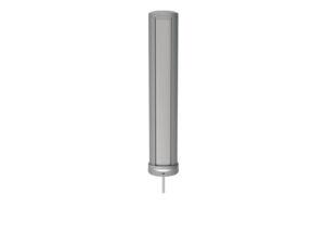 A vertical cylindrical metal object with a flat top and bottom, featuring a thin rod extending from the base, against a white background.