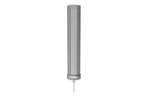 Tall, cylindrical gray device with a vertical transparent panel, a round base, and a power cord extending downward.